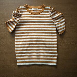 Anthropologie Short Flutter Sleeve Sweater Mustard White Stipe - Size XS